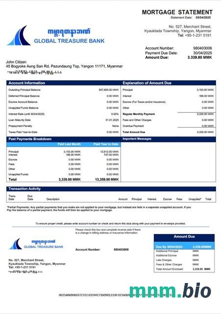 Myanmar Global Treasure Bank wyciąg z kredytu hipotecznego szablon Word i PDF